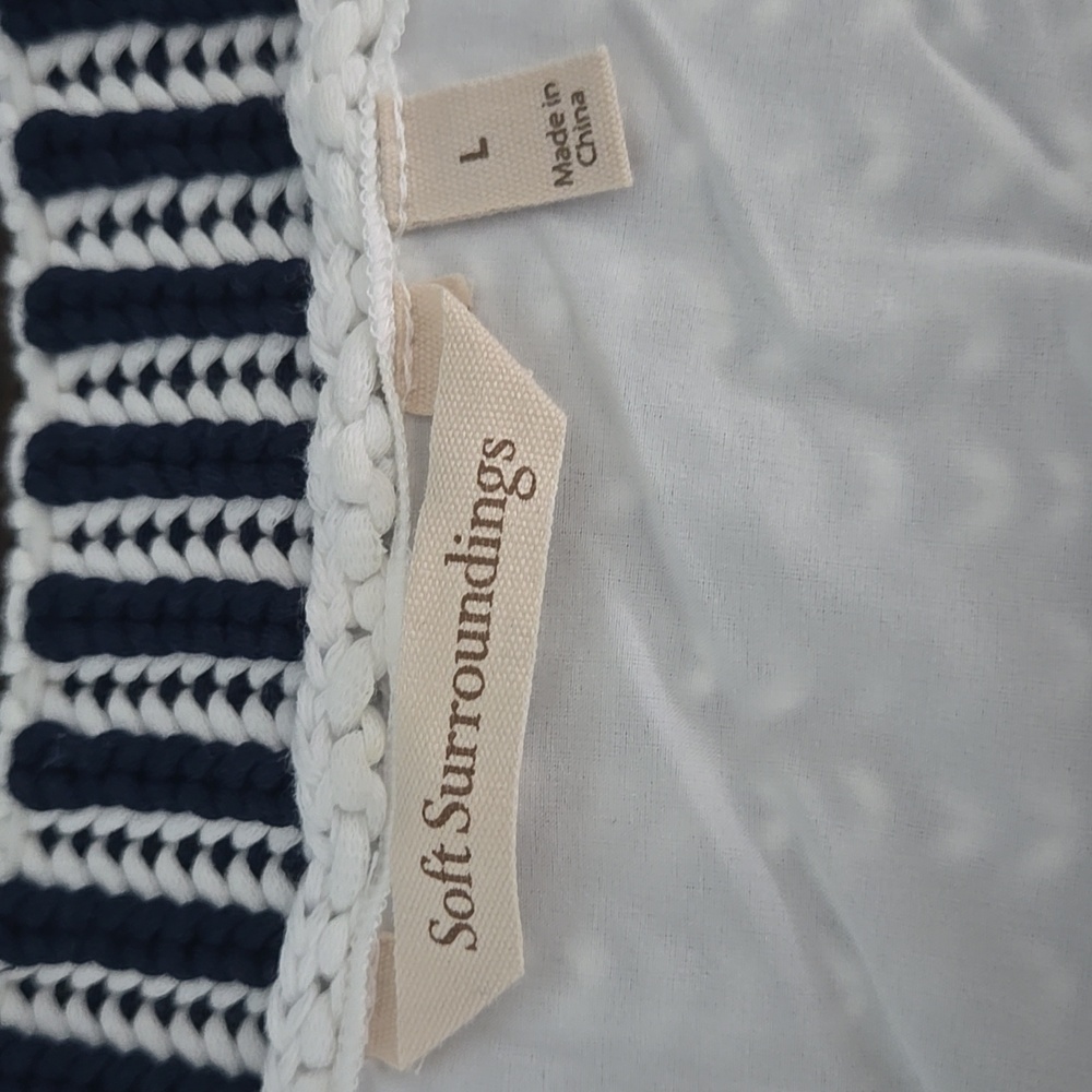 SOFT SURROUNDINGS Bambado Fringe Halter Tank Top Navy White Knit LARGE MiniDress - Picture 11 of 13